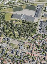 Flygbild över Nolia med friidrottshall, Curlingklubb och Ishall i Umeå 2021