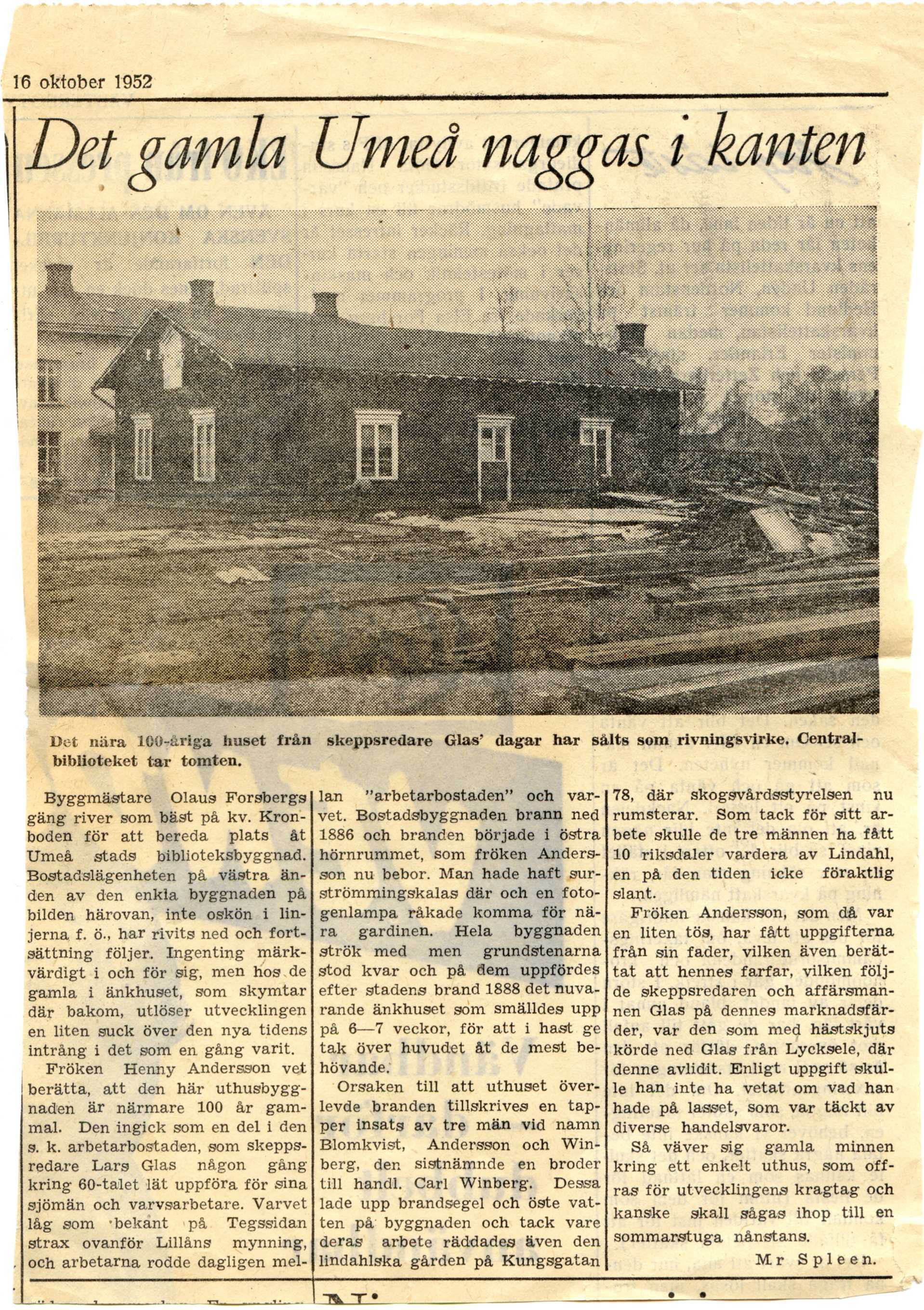 Lars Glas -Tidningsartikel om arbetarbostad 16 okt 1952