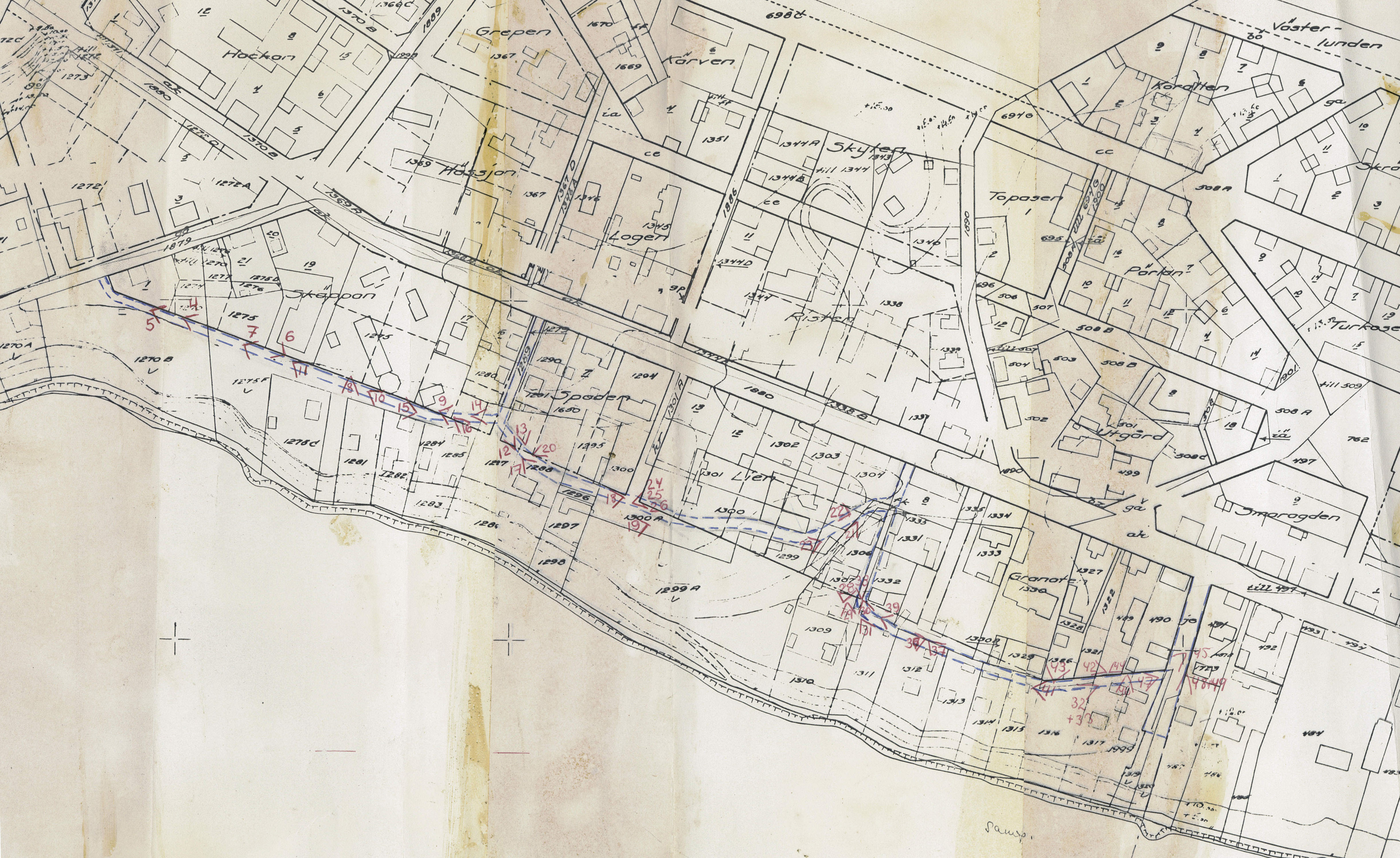 Karta över bebyggelsens placering längs Brinkvägen 1969